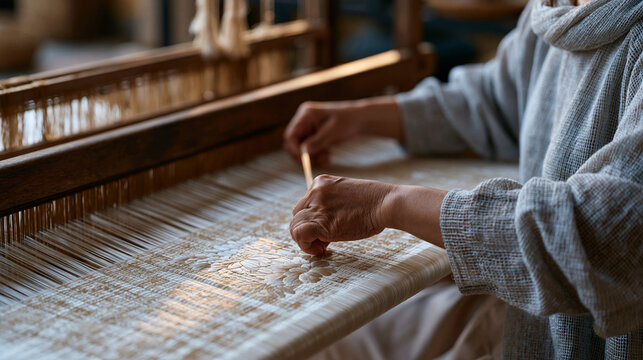 Vietnamese silk weaver adjusting tension on traditional wooden loom with intricate floral pattern forming, studio light on thread rows, textile heritage, artisan weaving process,