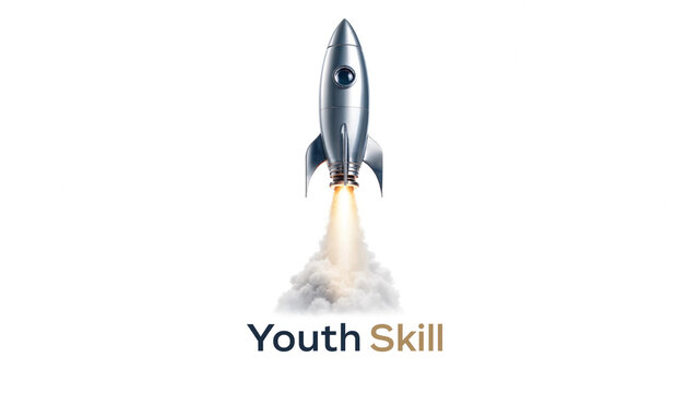 Silver rocket ship launching up with fire and smoke for youth skill development concept