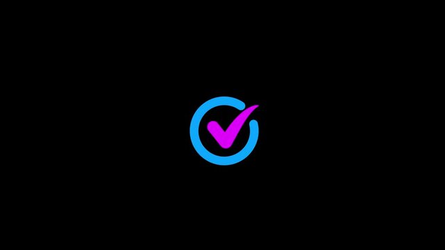 Minimalist bright blue circular line loading animation transforming into a vibrant purple checkmark tick mark icon on dark black background for business project approval concept, successful task 