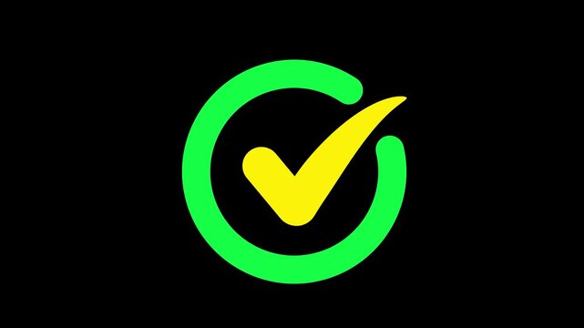 Minimalist bright green circular line loading animation transforming into a vibrant purple checkmark tick mark icon on dark black background for business project approval concept, successful task 