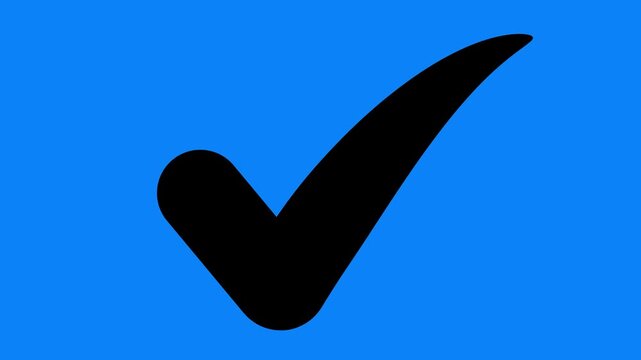 Minimalist black checkmark tick mark icon animation isolated on plain solid blue background for business project approval concept, successful task completion status indicator, 
