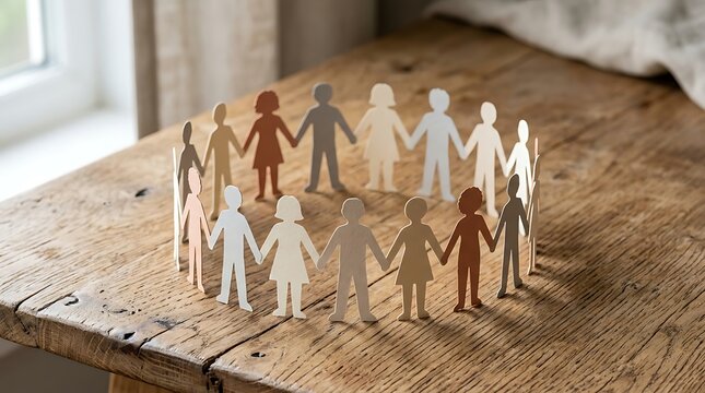Circle of Diverse Paper People Holding Hands Representing Unity