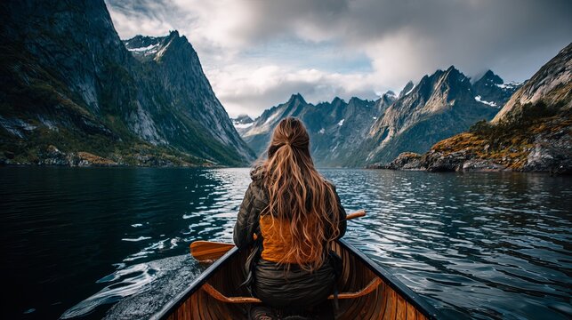 A lone woman kayaks through a stunning fjord landscape, surrounded by towering mountains and dramatic, cloudy skies in Norway