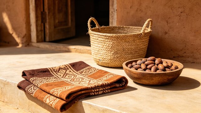 Mud cloth fabric with shea nuts and woven basket, West African craft and natural decor.