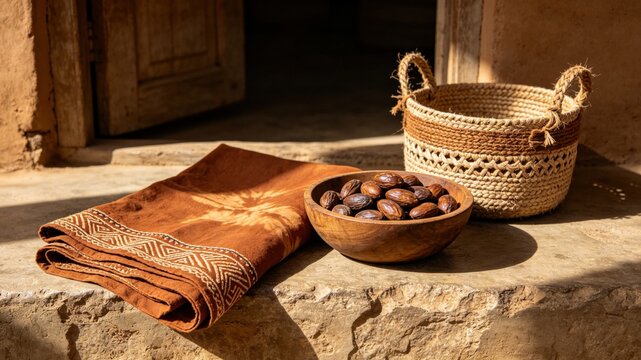 Mud cloth fabric with shea nuts and woven basket, West African craft and natural decor.