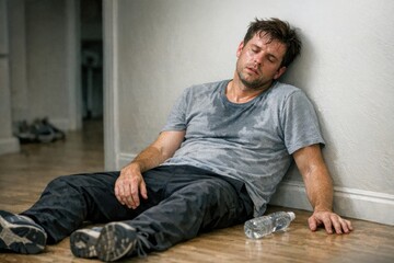 Fototapeta premium A person lying down next to a wall, possibly injured or ill