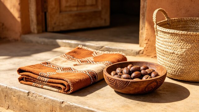 Mud cloth fabric with shea nuts and woven basket, West African craft and natural decor.