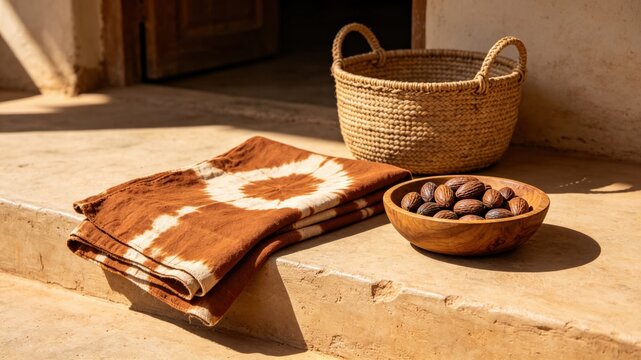 Mud cloth fabric with shea nuts and woven basket, West African craft and natural decor.