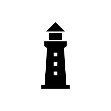 Tall lighthouse tower lantern room light rays solid black vector icon