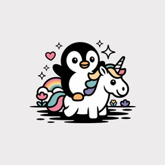 Fototapeta premium Penguin riding a white unicorn with a colorful rainbow and stars on a plain background
