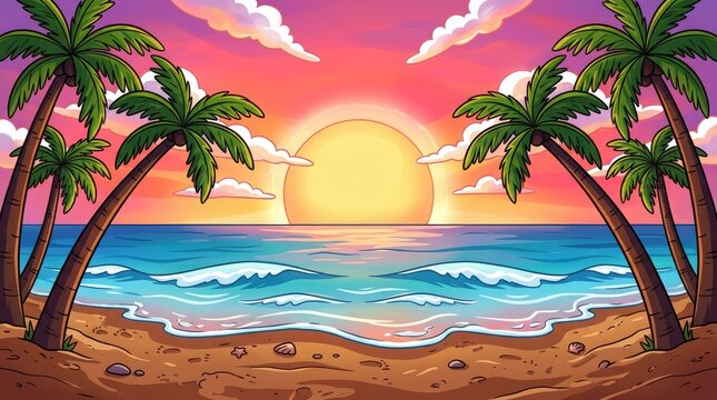 Tropical beach sunset illustration with palm trees and turquoise ocean waves