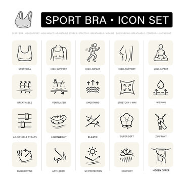 Sport bras icon set. The outline vector icons are well scalable and editable for packaging label design. Great for infographic for different backgrounds. EPS10.