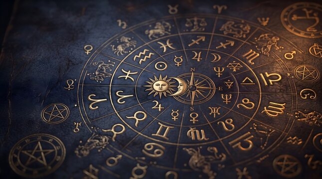 Zodiac, Astrology, Backdrop of sacred zodiac symbols, astrology, alchemy, magic, sorcery and fortune telling