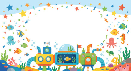 Fototapeta premium A vibrant cartoon underwater scene features colorful sea life, corals, and a whimsical research base surrounding a large central blank space.