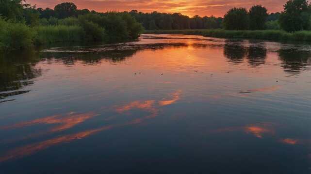 Serene sunset over a tranquil river reflecting vibrant colors with lush greenery along the banks