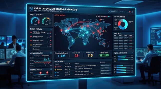 Security operations center with large dashboard displaying global cyber threat data and analytics security dashboard analytics monitoring technology information operations business