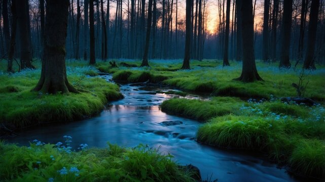 Serene forest landscape at dusk with a winding stream surrounded by lush greenery and flowers