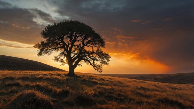 Majestic solitary tree silhouetted against a vibrant sunset over a grassy hillside landscape