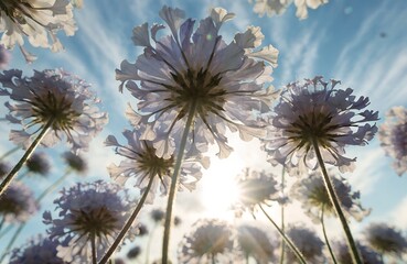 Obraz premium Low angle view of purple pincushion flowers under sunlight with pincushion scabiosa perennial botanical