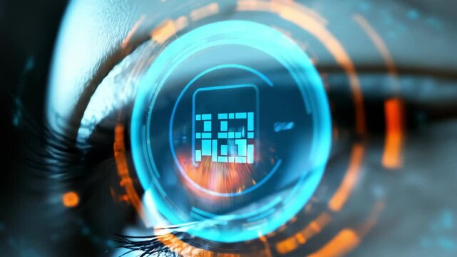 Closeup of human iris with glowing digital biometric interface overlay, identity scan technology, cybersecurity innovation, futuristic authentication concept.