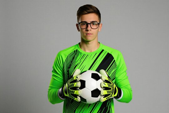 Teenage boy wears goalie gloves holds soccer ball. Young athlete wears neon green jersey and glasses. Ready to play defense, save goals in game.