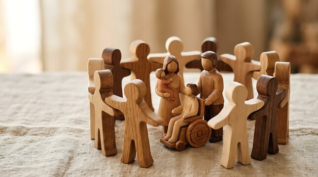 Wooden figures showing community support for family with disability