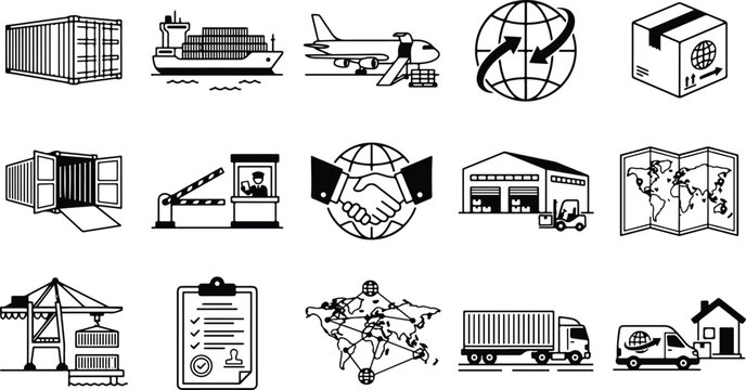 Economy vector bundle logistics and shipping icons for global trade and transportation