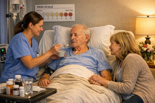 A patient receives nourishment from a caregiver in a hospital setting