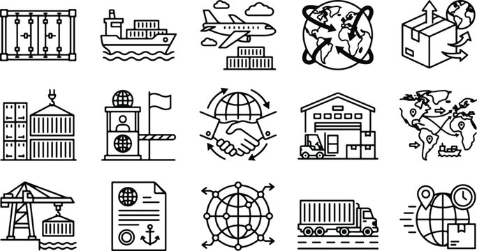 Economy vector bundle logistics and shipping icons for global trade and transportation