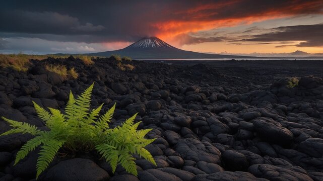 Majestic volcano under dramatic sunset skies, with lush fern in foreground on rocky terrain
