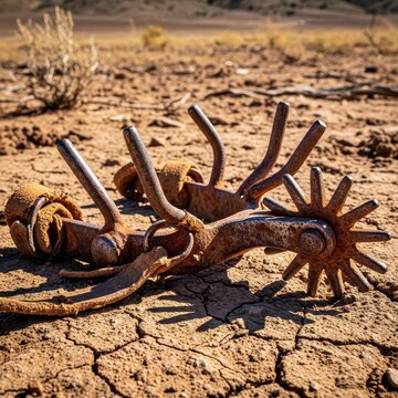 Rusty Metal Cowboy Spur with Bent Rowels on Dry Ground