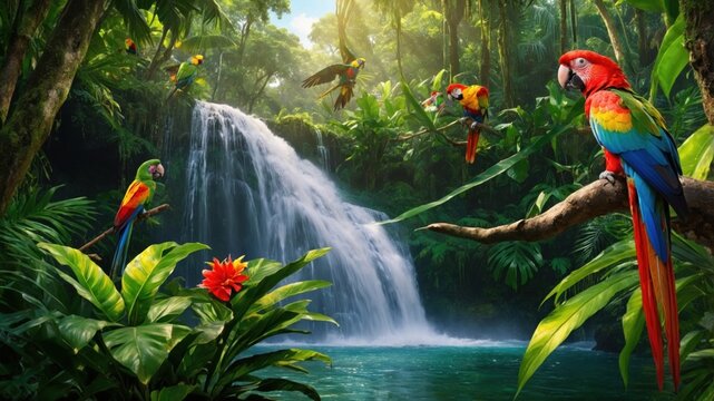 Vibrant tropical rainforest scene featuring colorful parrots near a cascading waterfall surrounded by lush greenery