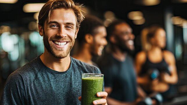 Smiling man holding a green smoothie in a modern gym, surrounded by fit people exercising and enjoying a healthy lifestyle