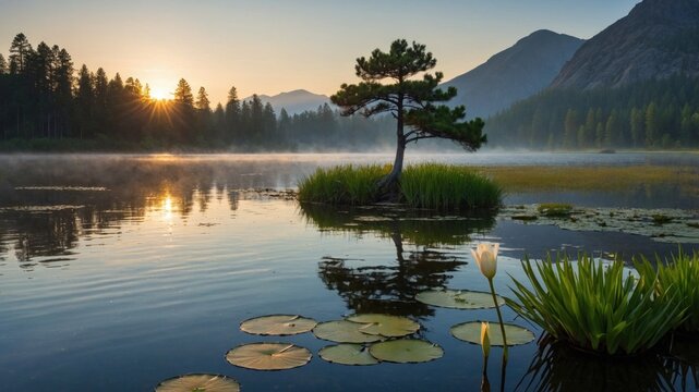Serene sunrise over a tranquil lake with a lone tree and lily pads reflecting in the water