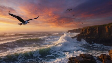 Naklejka premium Majestic seagulls soaring over turbulent ocean waves at sunset, with dramatic cliffs in the background