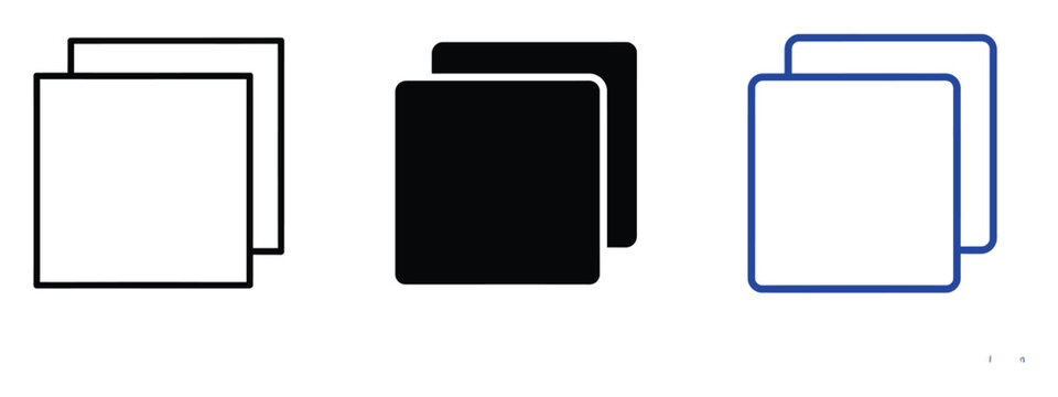 Copy duplicate icons illustrating file duplication in outline, solid, and inverted square styles with clean minimalist vector graphics for web interfaces, office tools, and digital workflows.