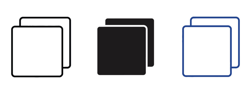 Copy duplicate icons featuring outline, solid, and inverted square styles with clean minimalist vector graphics for file management, user interfaces, and productivity applications.