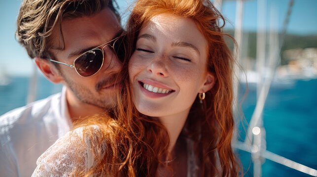 Joyful couple enjoying a sunny day on a yacht, embracing happiness and love with radiant smiles and carefree moments.