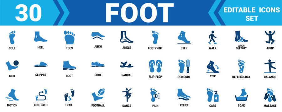 Set of 30 human foot and leg medical care and footwear action icons for health and wellness design projects Minimal solid fill icon set bundle collection. Editable Vector Illustration Mega pack