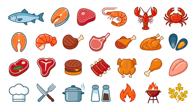 Assorted Cooked and Raw Meats, Seafood, and Cooking Utensils Icons