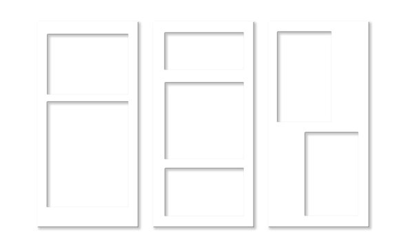 White Multi Panel Window Grid Photo Frame Templates Set with Realistic Drop Shadow for Collage Layout