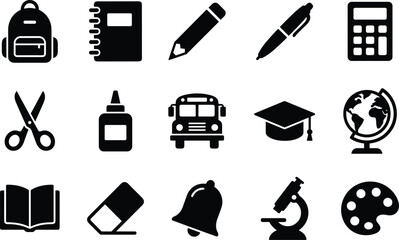 Fototapeta premium Back to School Education Silhouette Icon Set with Classroom Learning and Study Essentials