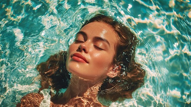 Serene woman floating peacefully in turquoise pool water, eyes closed, enjoying a tranquil and refreshing summer day