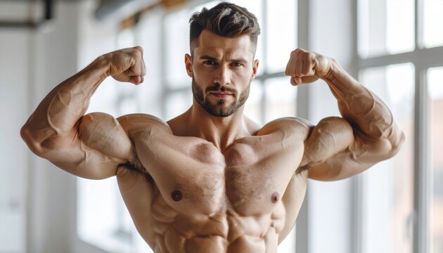 A muscular man flexing his arms in a fitness studio symbolizing strength, discipline, and dedication to physical health and bodybuilding trends