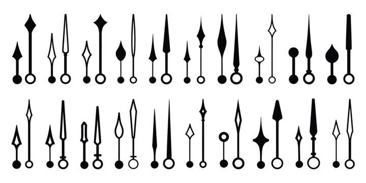 Clock hands icons featuring hour and minute pointer pairs in various monochrome styles with clean minimalist vector graphics for analog clocks, watch faces, and timekeeping projects.
