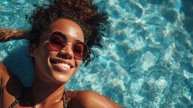 Joyful woman with curly hair floats in turquoise water, smiling brightly while wearing stylish sunglasses on a sunny day