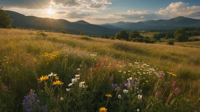 Vibrant wildflowers bloom in a serene meadow under a golden sunset, with mountains in the background