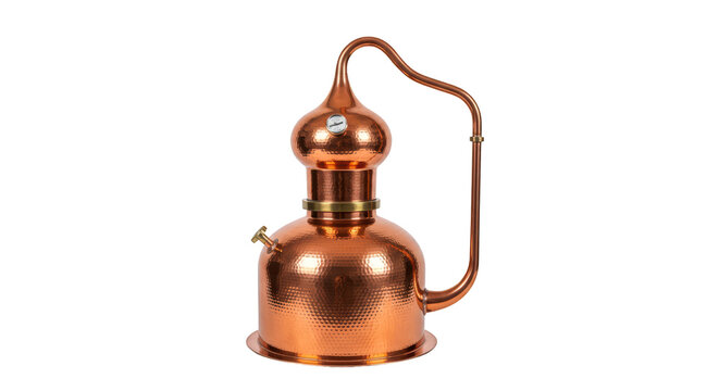 Vintage copper alchemical alembic distillation still isolated on white background.