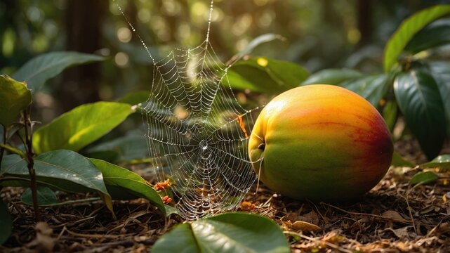Vibrant apple resting on forest floor with intricate spider web glistening in sunlight