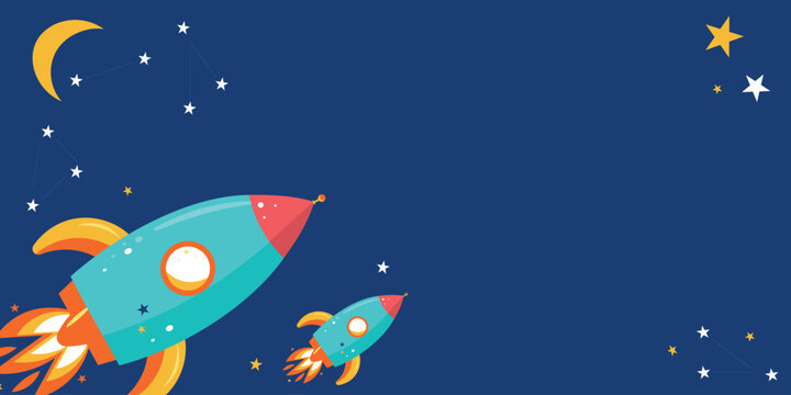 Rockets vector web banner with copy space. Kawaii flat design of outer space website header and cover background with cute spaceships, stars and constellations for kids digital projects, children 